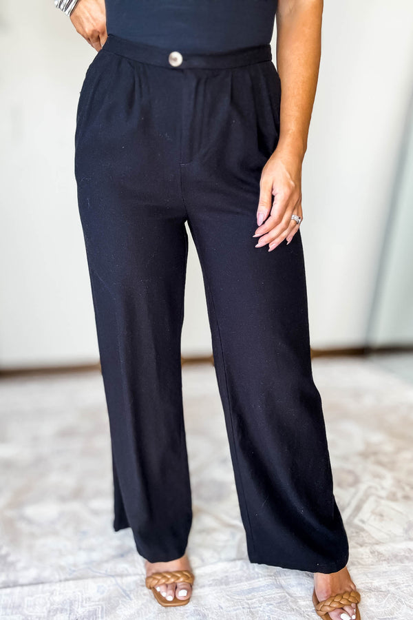 Wide-Leg Black Linen Pants With Pleat Detail