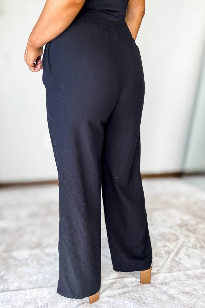 Wide-Leg Black Linen Pants With Pleat Detail