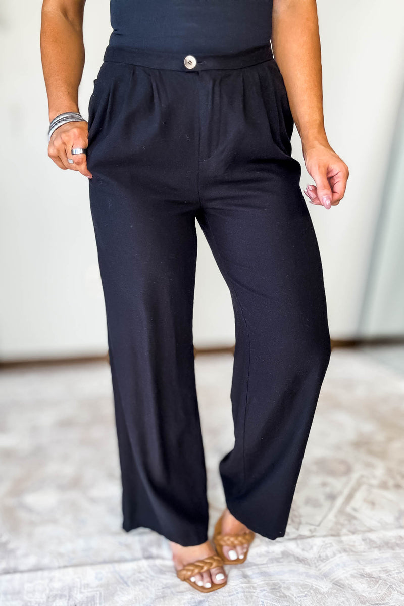 Wide-Leg Black Linen Pants With Pleat Detail