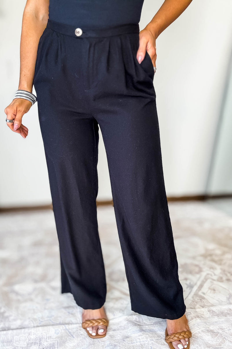 Wide-Leg Black Linen Pants With Pleat Detail