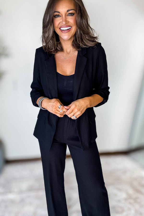 Open- Front Black Linen Blazer