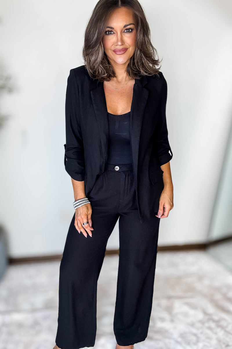 Wide-Leg Black Linen Pants With Pleat Detail