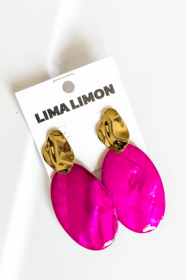 Mother Of Pearl Fuchsia Oval Plate Dangle Earrings
