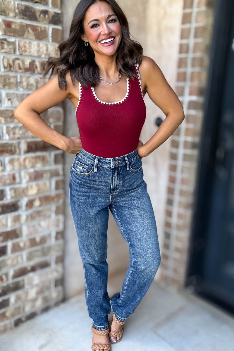Le Lis Edge Crimson Embroidery Sleeveless Bodysuit