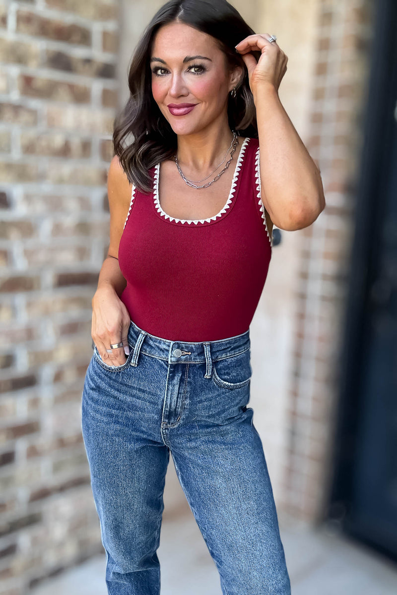 Le Lis Edge Crimson Embroidery Sleeveless Bodysuit