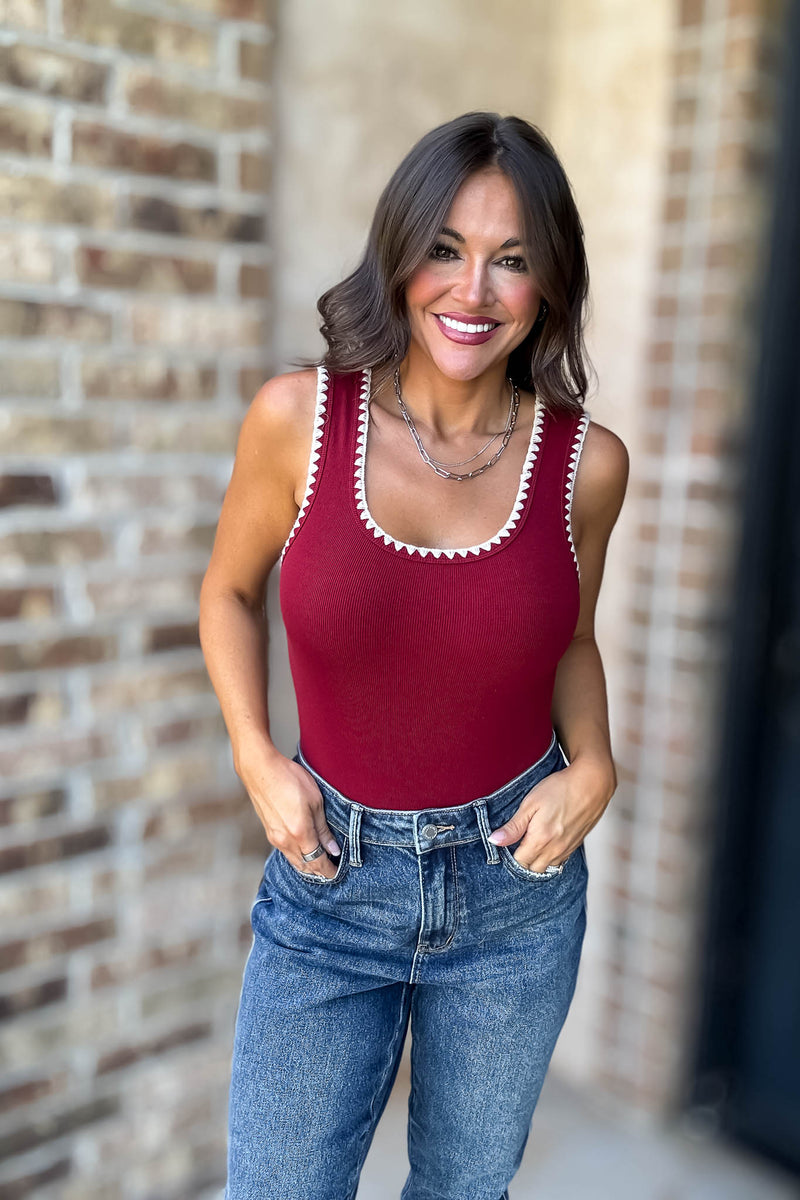 Le Lis Edge Crimson Embroidery Sleeveless Bodysuit