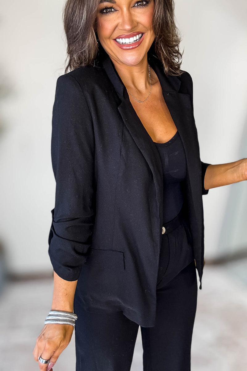 Open- Front Black Linen Blazer