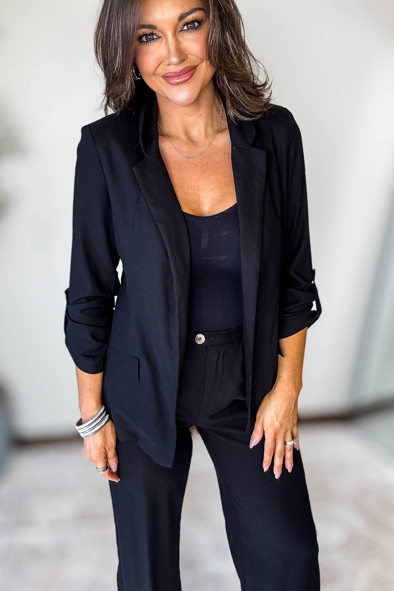 Open- Front Black Linen Blazer