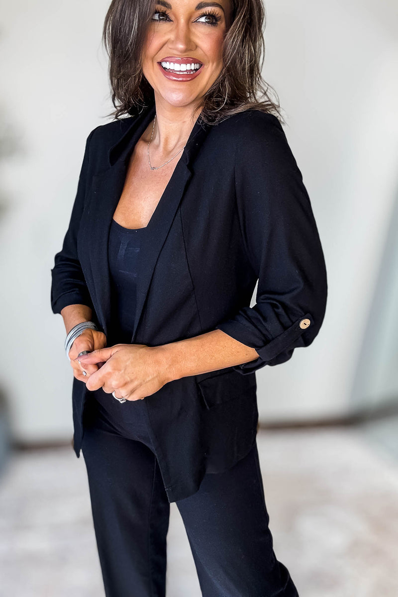 Open- Front Black Linen Blazer
