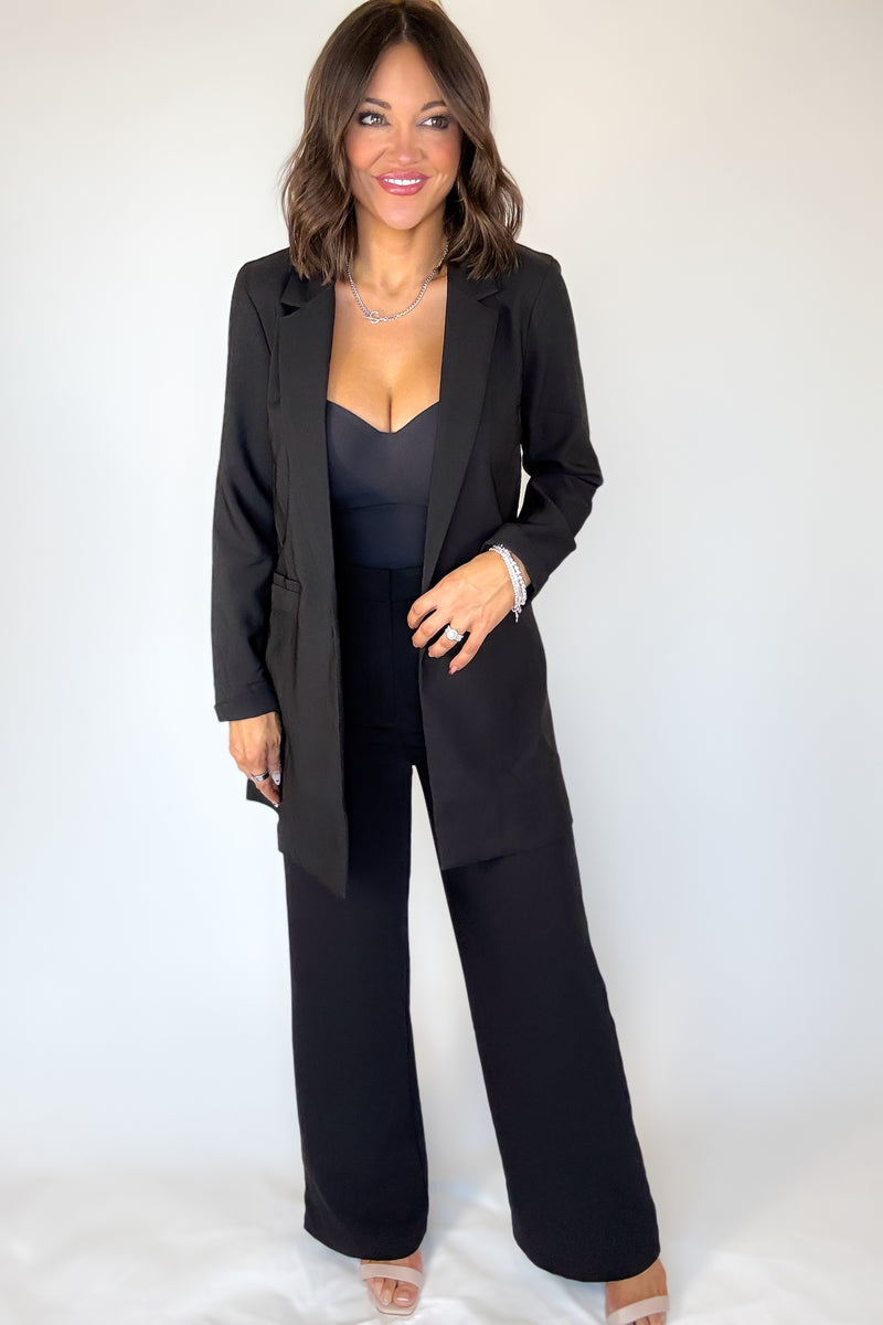 Black Twill Princess Buttonless Long Blazer Jacket