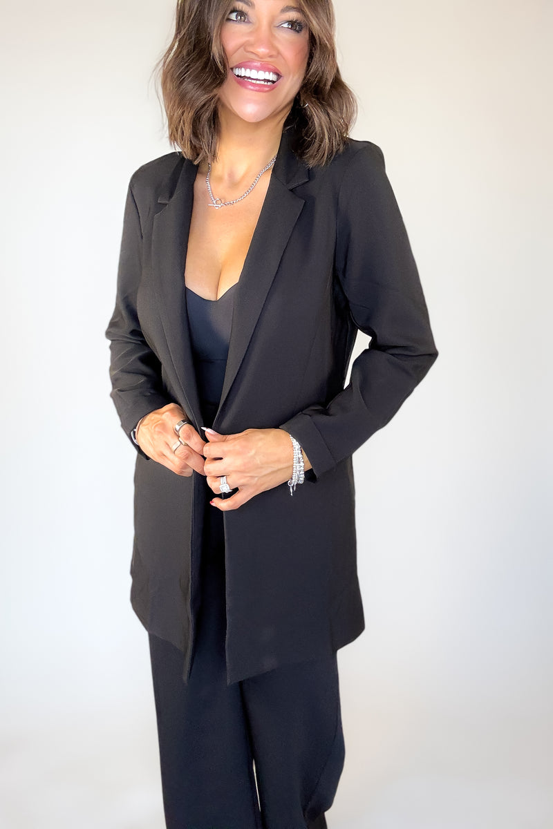 Black Twill Princess Buttonless Long Blazer Jacket