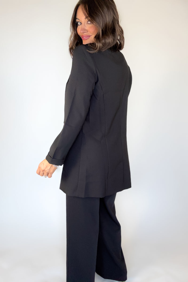 Black Twill Princess Buttonless Long Blazer Jacket