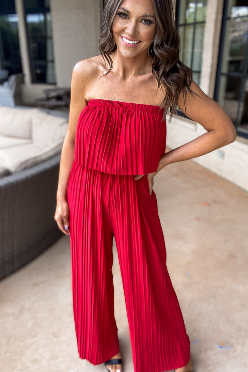 Flirt With Fun Red Pleated Jumpsuit