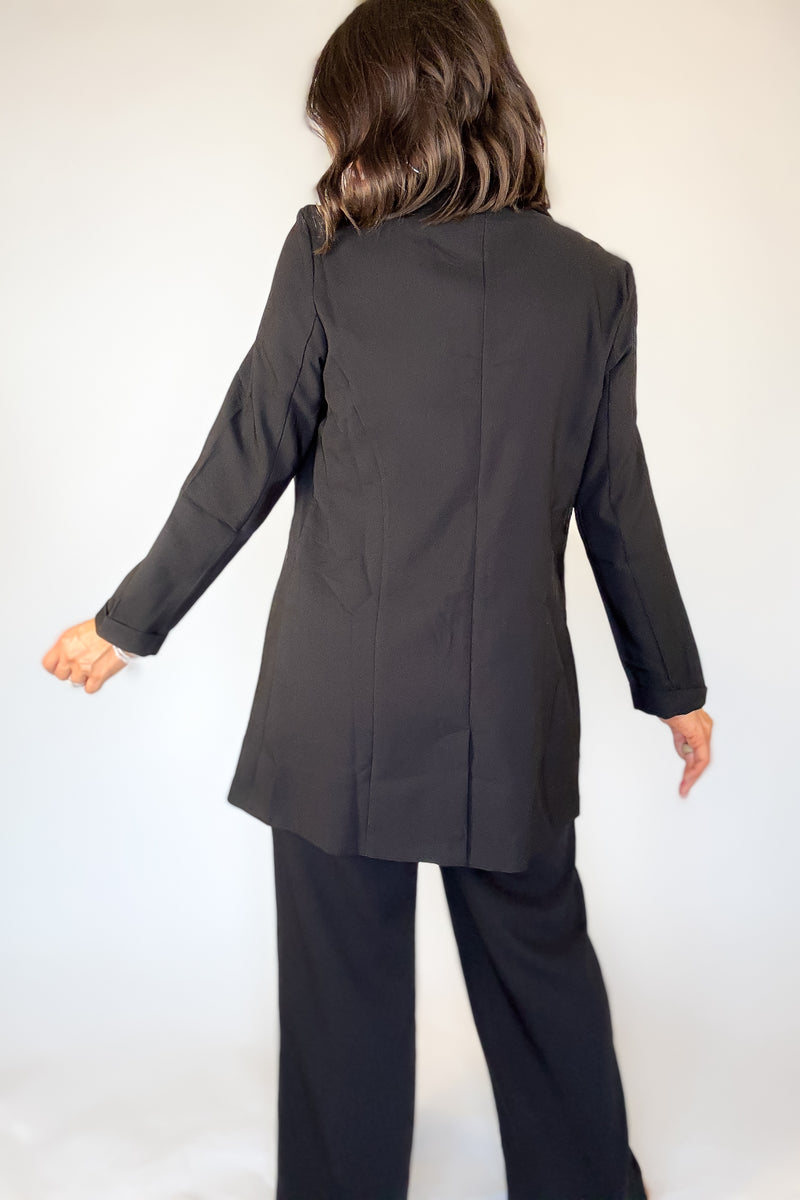 Black Twill Princess Buttonless Long Blazer Jacket