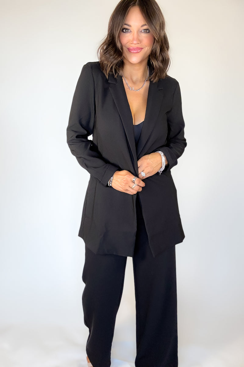Black Twill Princess Buttonless Long Blazer Jacket
