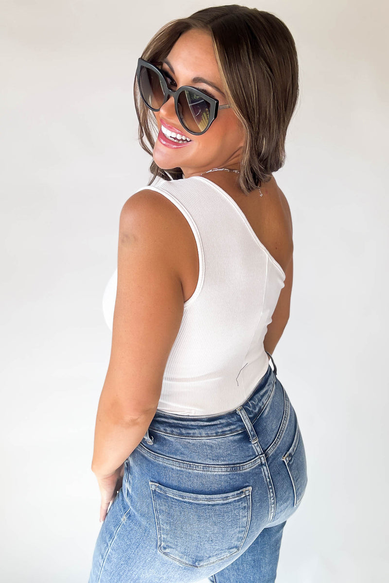 Mable White One Shoulder Ribbed Cut Out Detail Body Suit