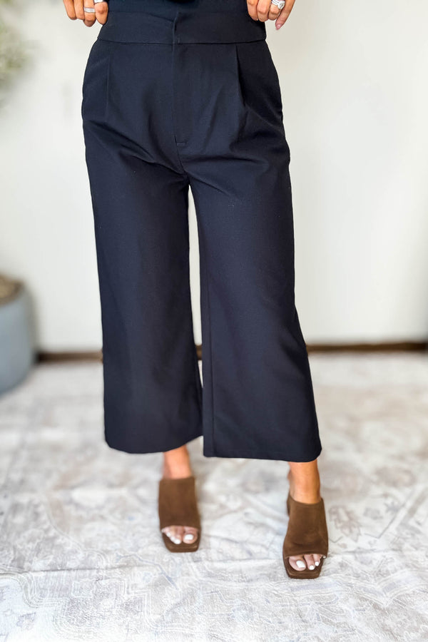 Black Wide Leg Pleated Culotte Pants