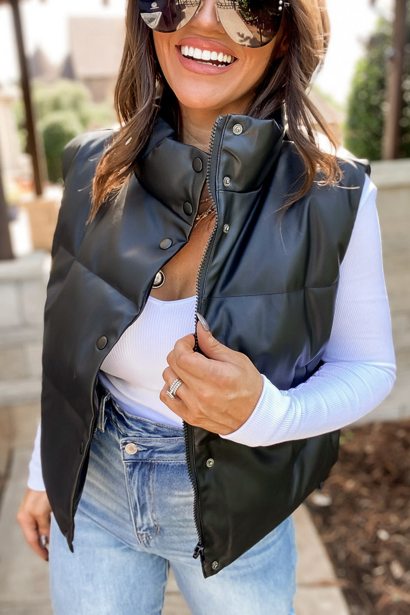 Perfectly Content Black High Neck Quilted Pleather Puffer Vest