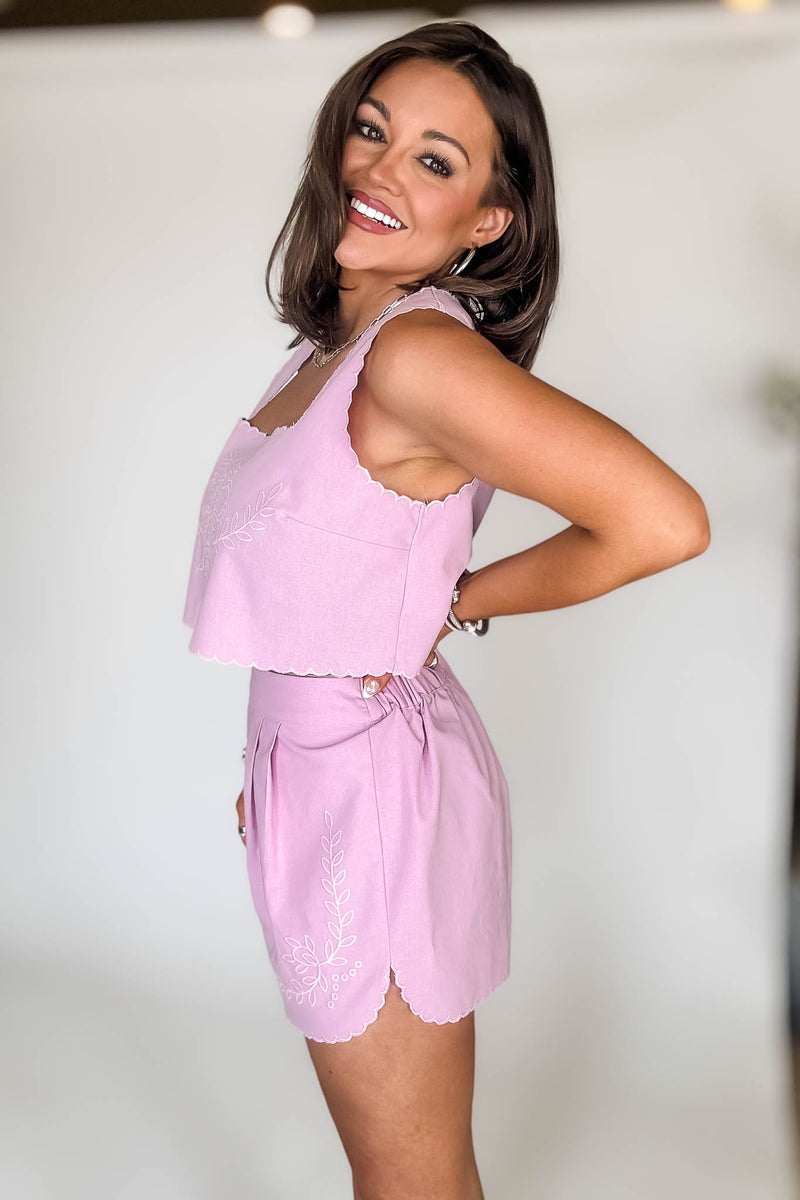 Pink Lavender Embroidered Crop Top And Short Set