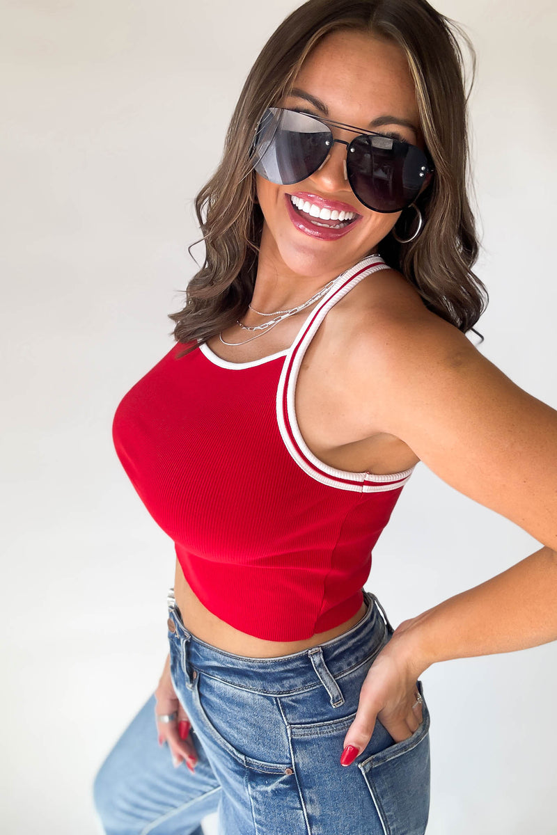 Red Contrast Binding Crop Tank Top