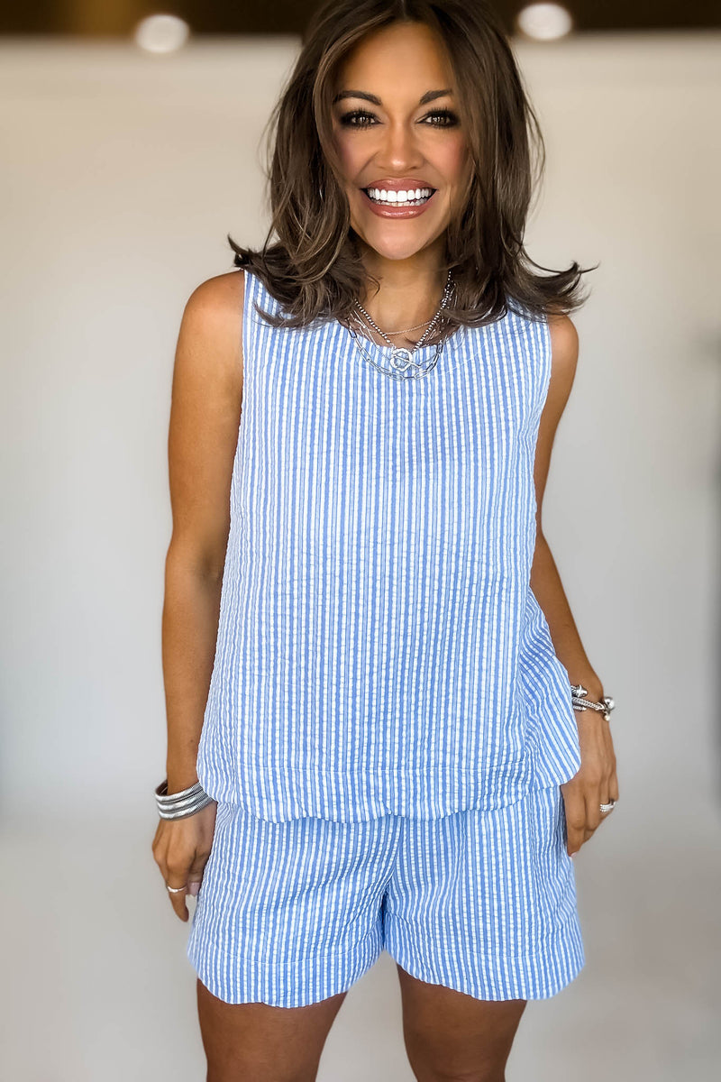 ROUND NECK SCALLOP HEM STRIPE TOP & SHORTS