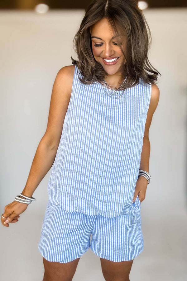 ROUND NECK SCALLOP HEM STRIPE TOP & SHORTS