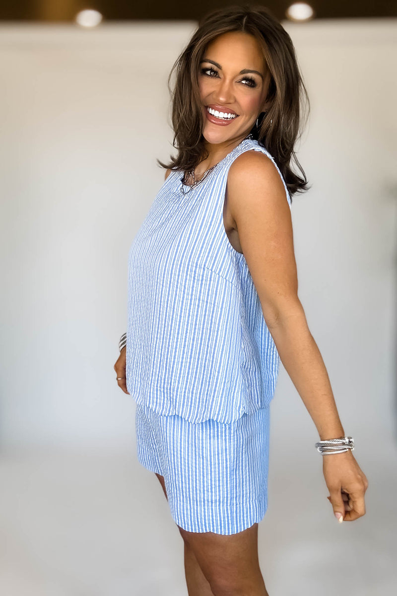 ROUND NECK SCALLOP HEM STRIPE TOP & SHORTS