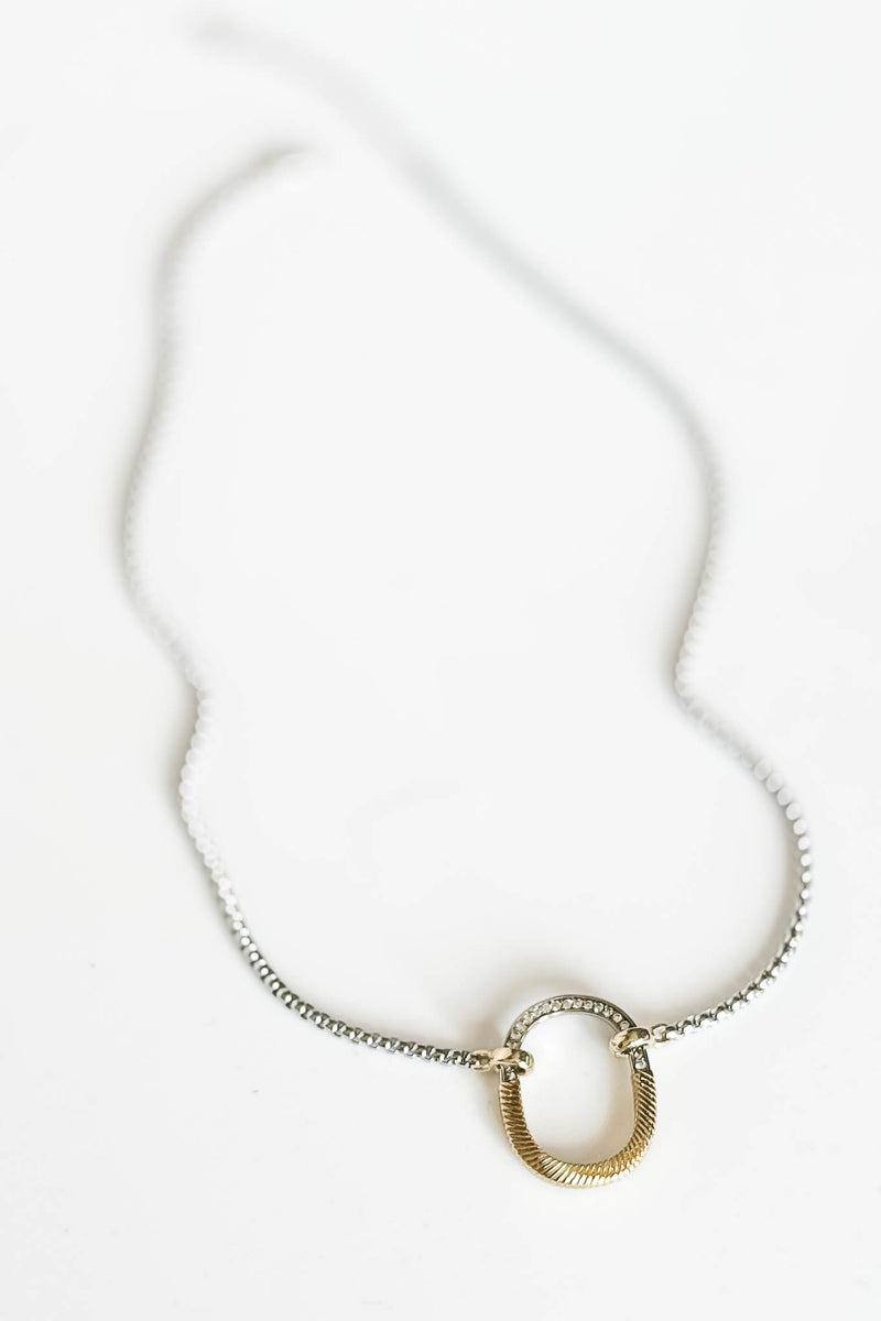 14k Gold Plated Cz Paved Two Tone Oval Necklace