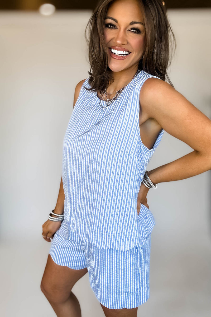 ROUND NECK SCALLOP HEM STRIPE TOP & SHORTS