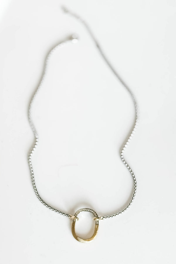 14k Gold Plated Cz Paved Two Tone Oval Necklace