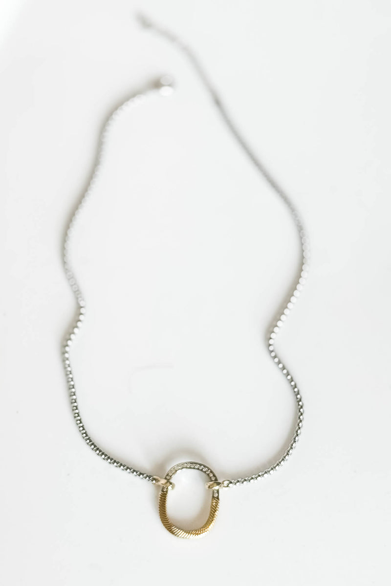 14k Gold Plated Cz Paved Two Tone Oval Necklace