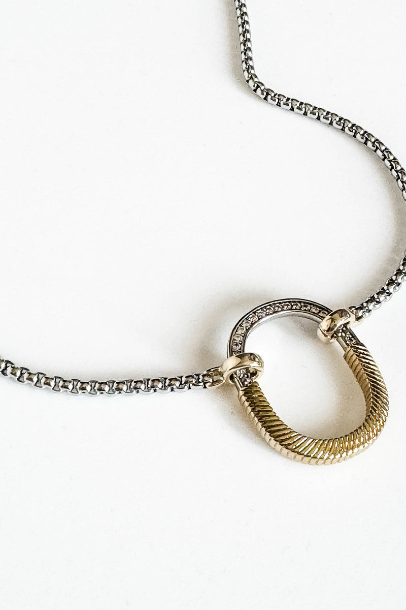14k Gold Plated Cz Paved Two Tone Oval Necklace