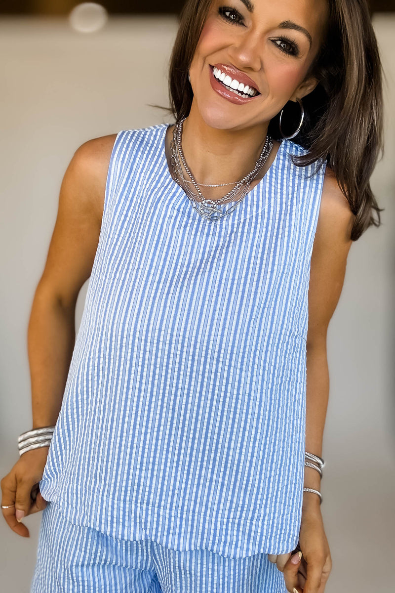 ROUND NECK SCALLOP HEM STRIPE TOP & SHORTS