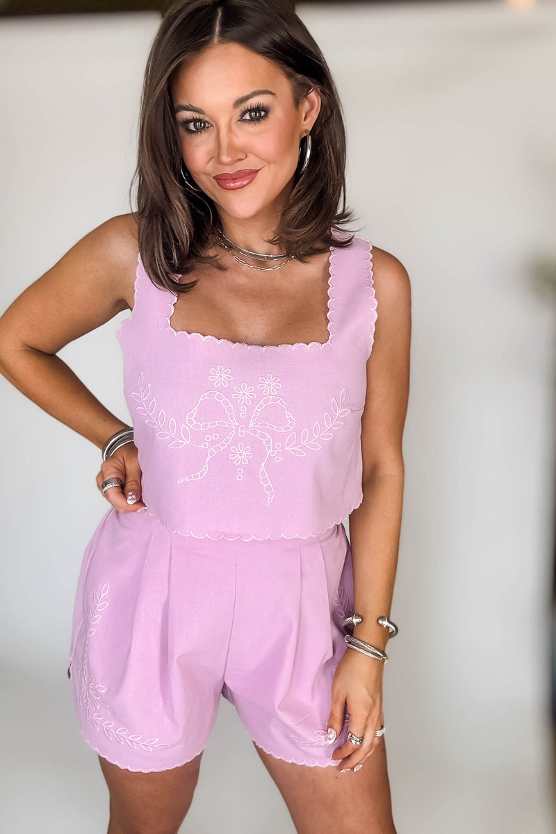 Pink Lavender Embroidered Crop Top And Short Set