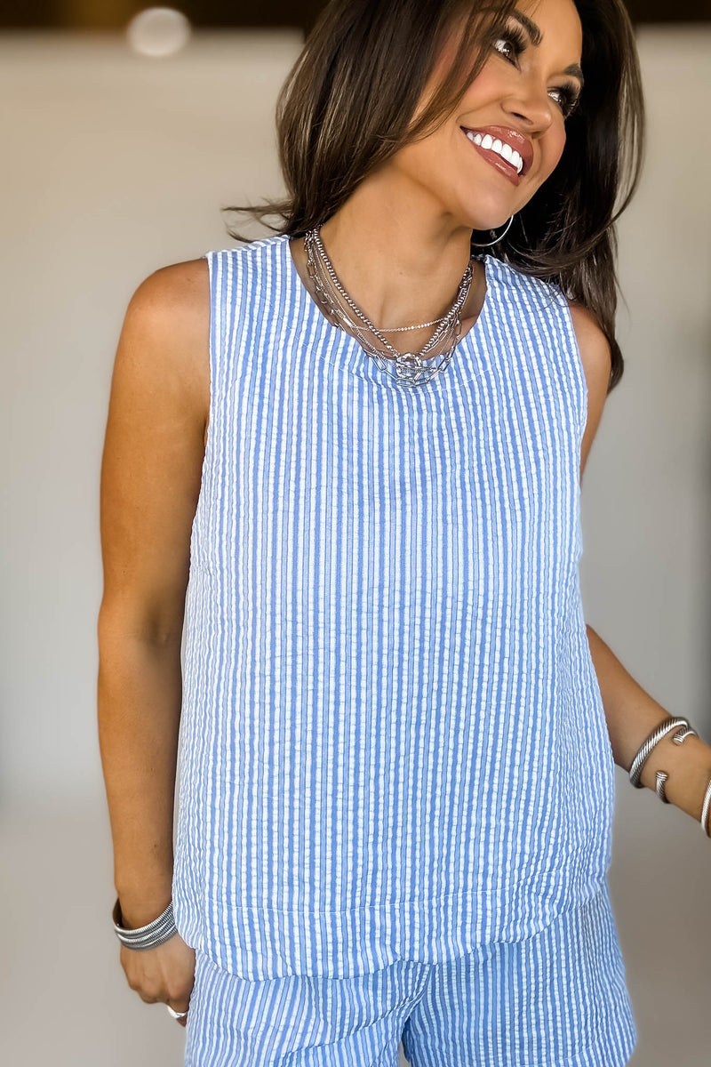 ROUND NECK SCALLOP HEM STRIPE TOP & SHORTS