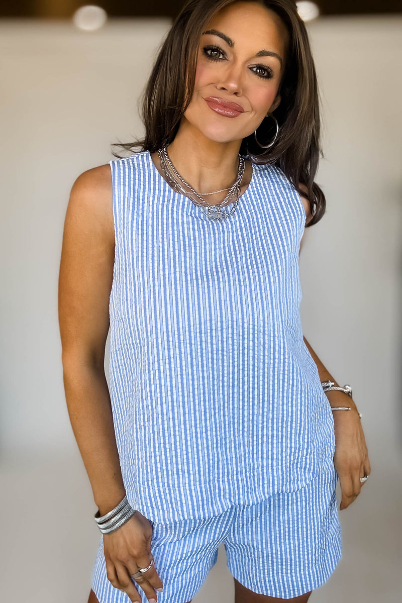 ROUND NECK SCALLOP HEM STRIPE TOP & SHORTS