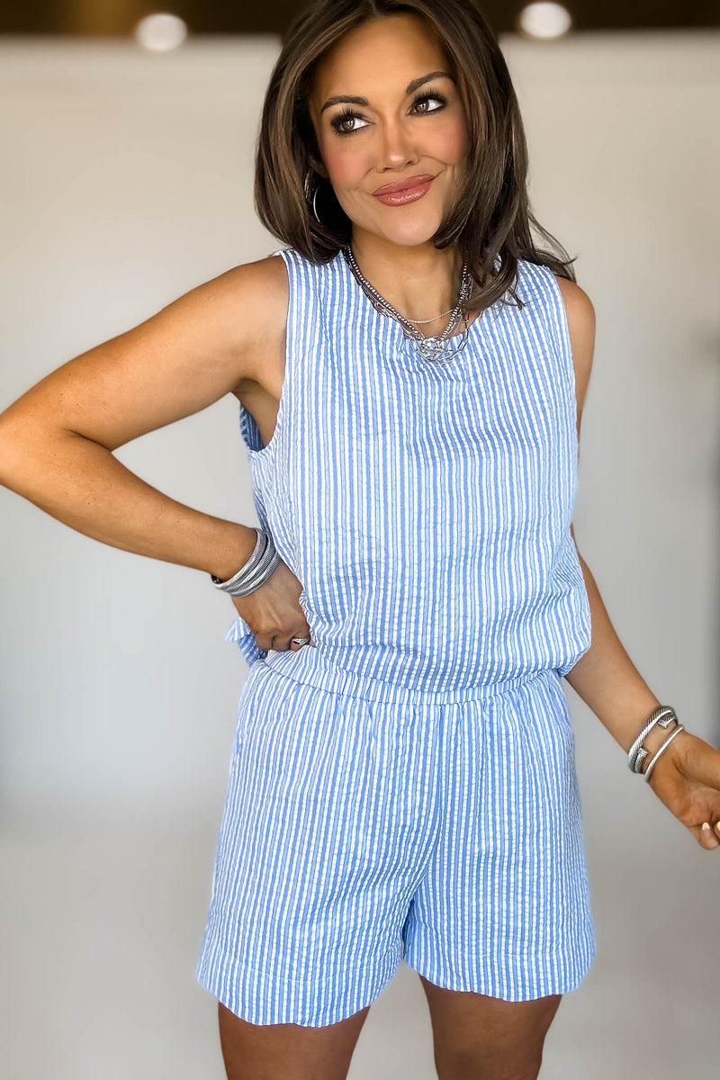 ROUND NECK SCALLOP HEM STRIPE TOP & SHORTS