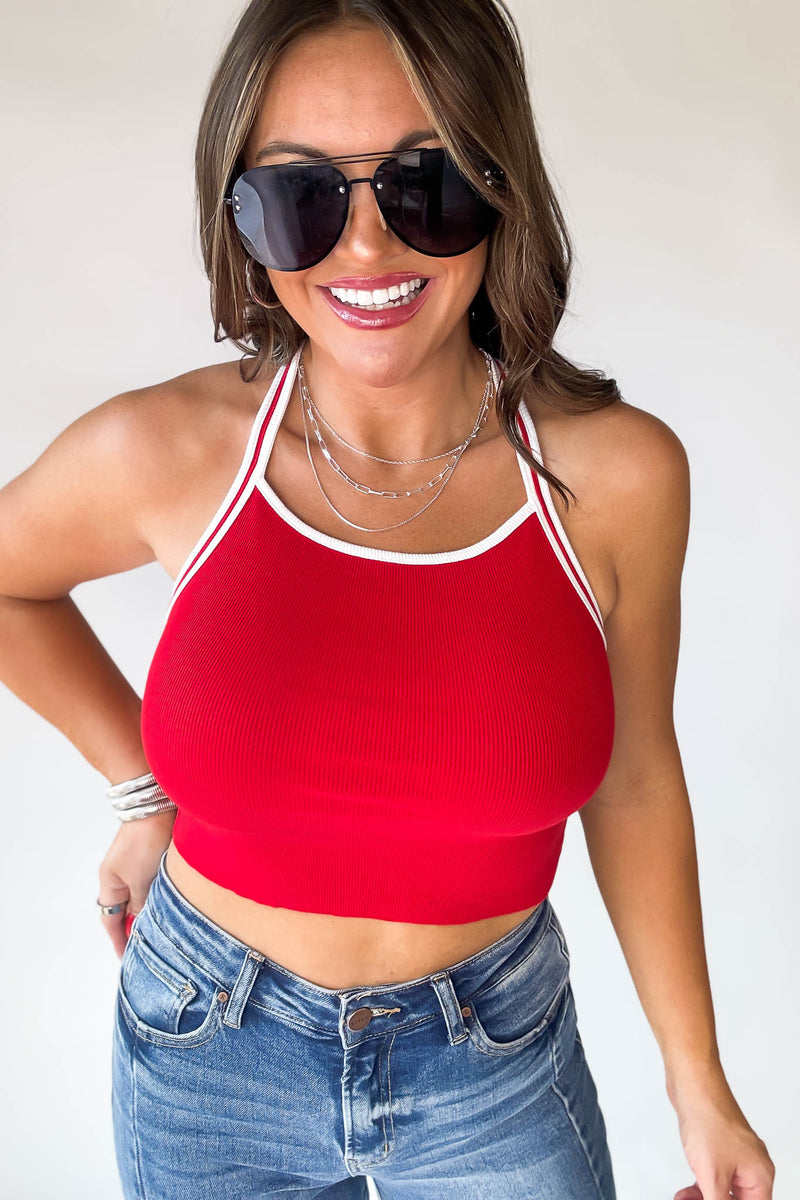 Red Contrast Binding Crop Tank Top