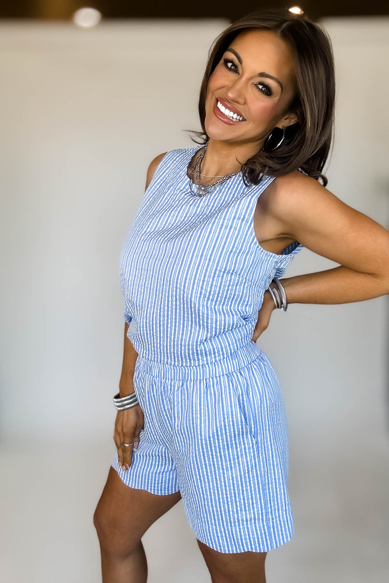 ROUND NECK SCALLOP HEM STRIPE TOP & SHORTS