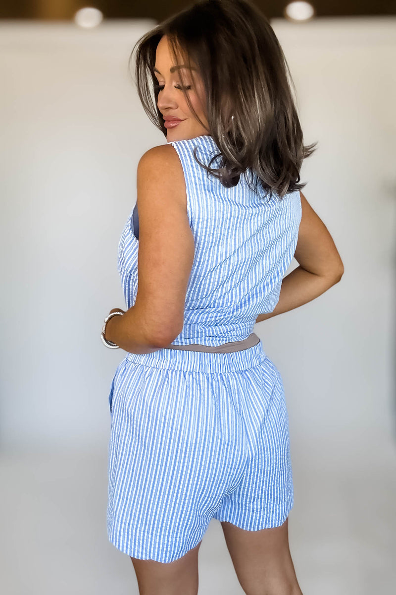 ROUND NECK SCALLOP HEM STRIPE TOP & SHORTS