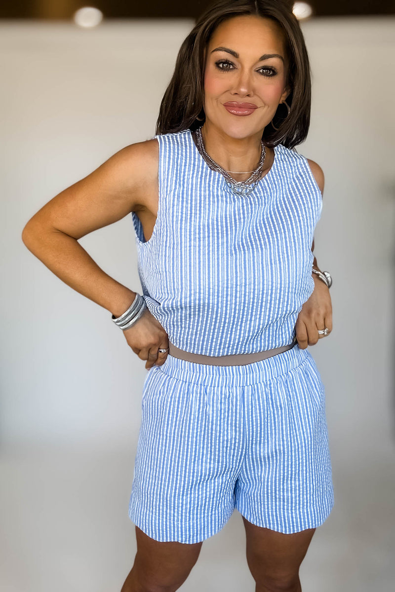 ROUND NECK SCALLOP HEM STRIPE TOP & SHORTS