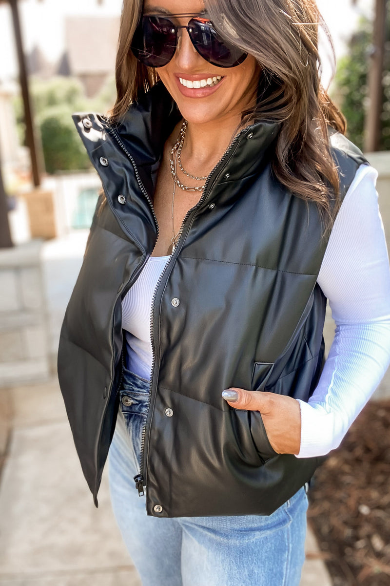 Perfectly Content Black High Neck Quilted Pleather Puffer Vest