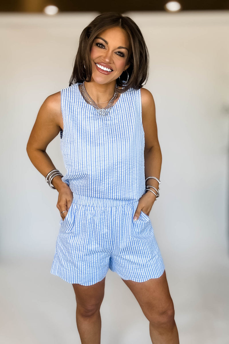 ROUND NECK SCALLOP HEM STRIPE TOP & SHORTS
