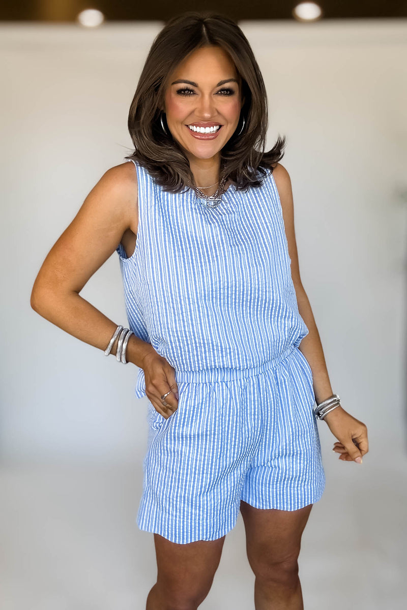 ROUND NECK SCALLOP HEM STRIPE TOP & SHORTS