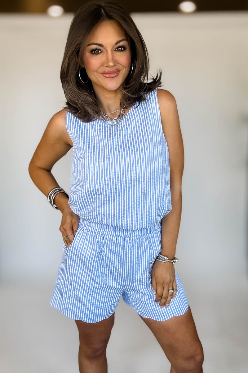 ROUND NECK SCALLOP HEM STRIPE TOP & SHORTS
