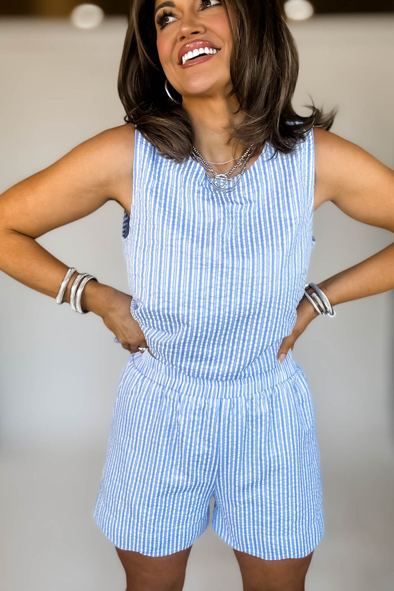 ROUND NECK SCALLOP HEM STRIPE TOP & SHORTS