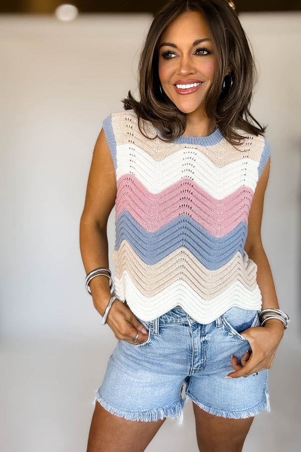 Mutli Color Waive Pointelle Sweater Tank