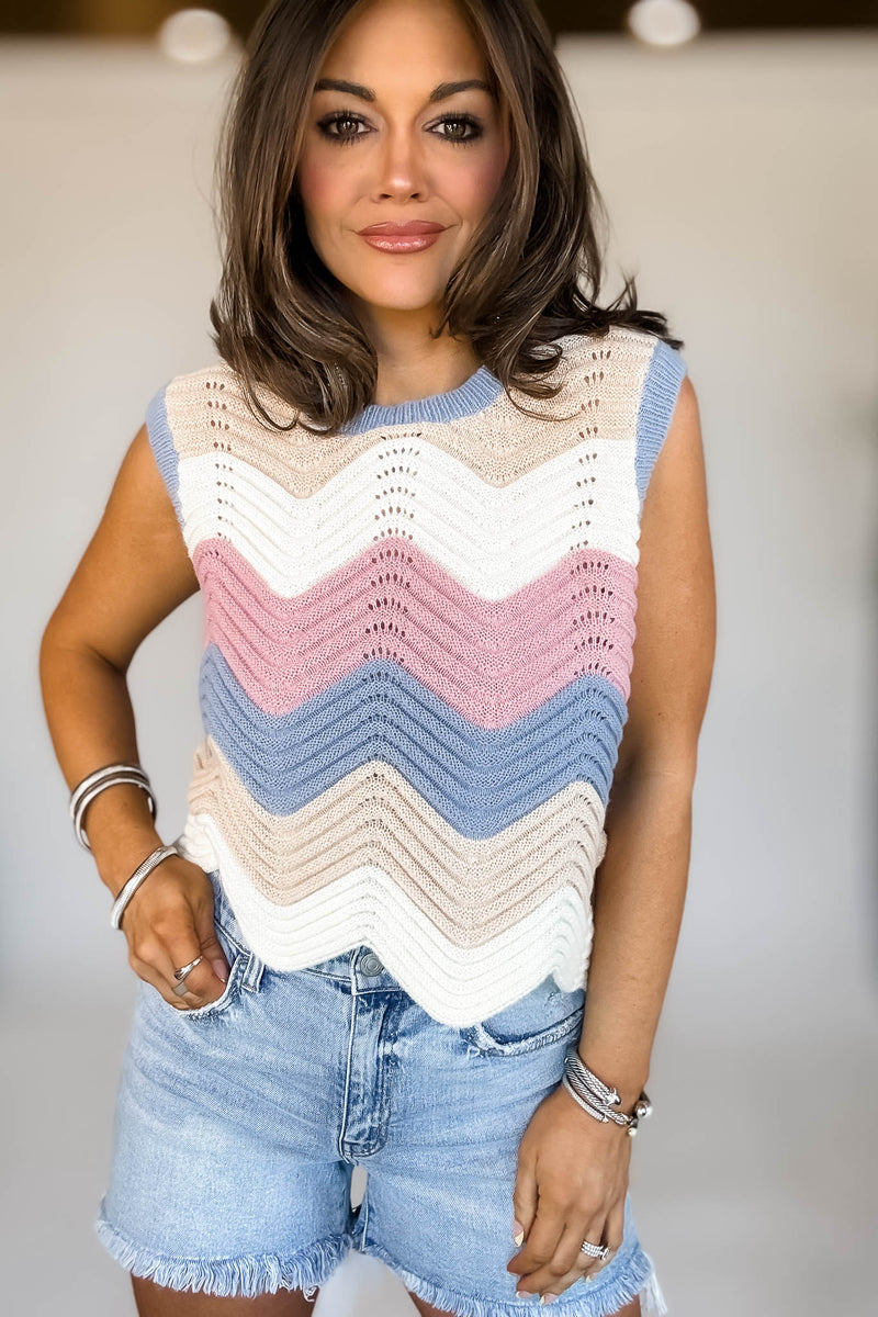 Mutli Color Waive Pointelle Sweater Tank