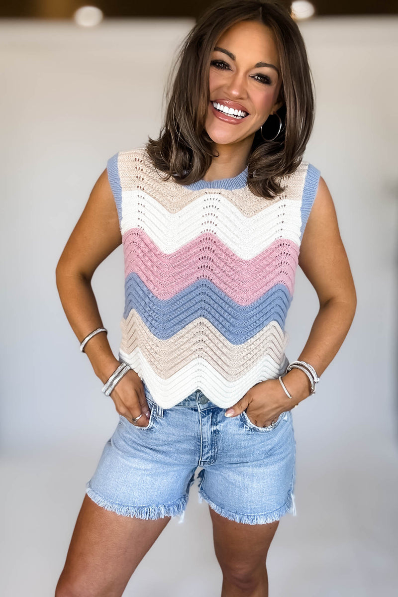 Mutli Color Waive Pointelle Sweater Tank