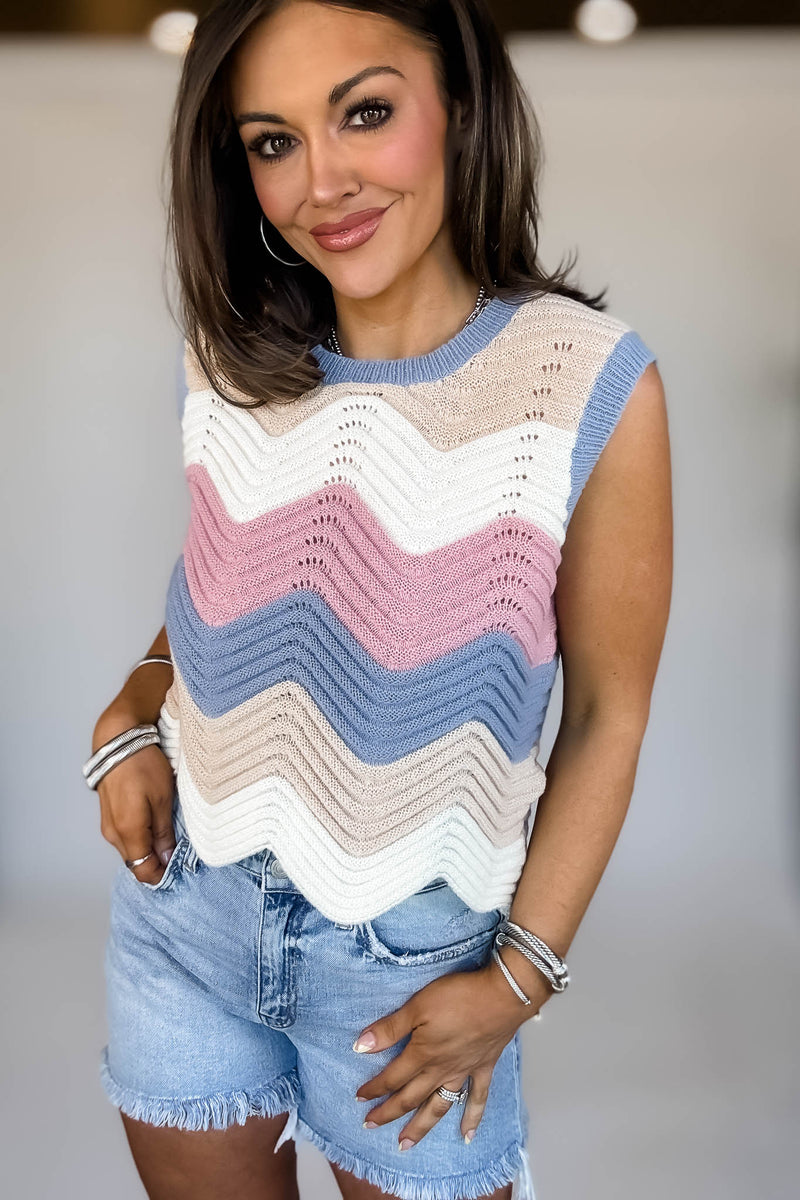 Mutli Color Waive Pointelle Sweater Tank